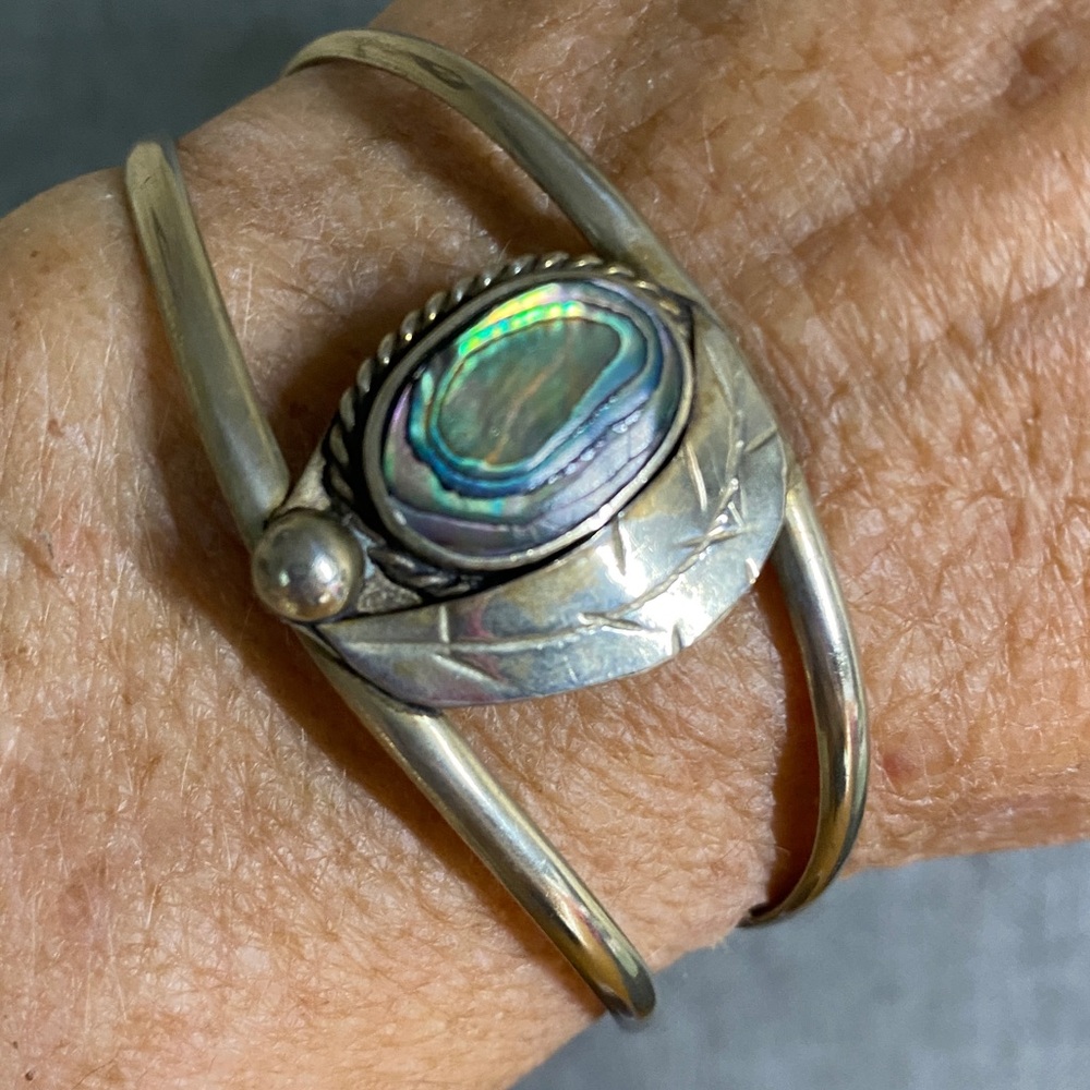 Vintage Alpaca Mexico Abalone Double Band Cuff Bracelet | 7” Wrist